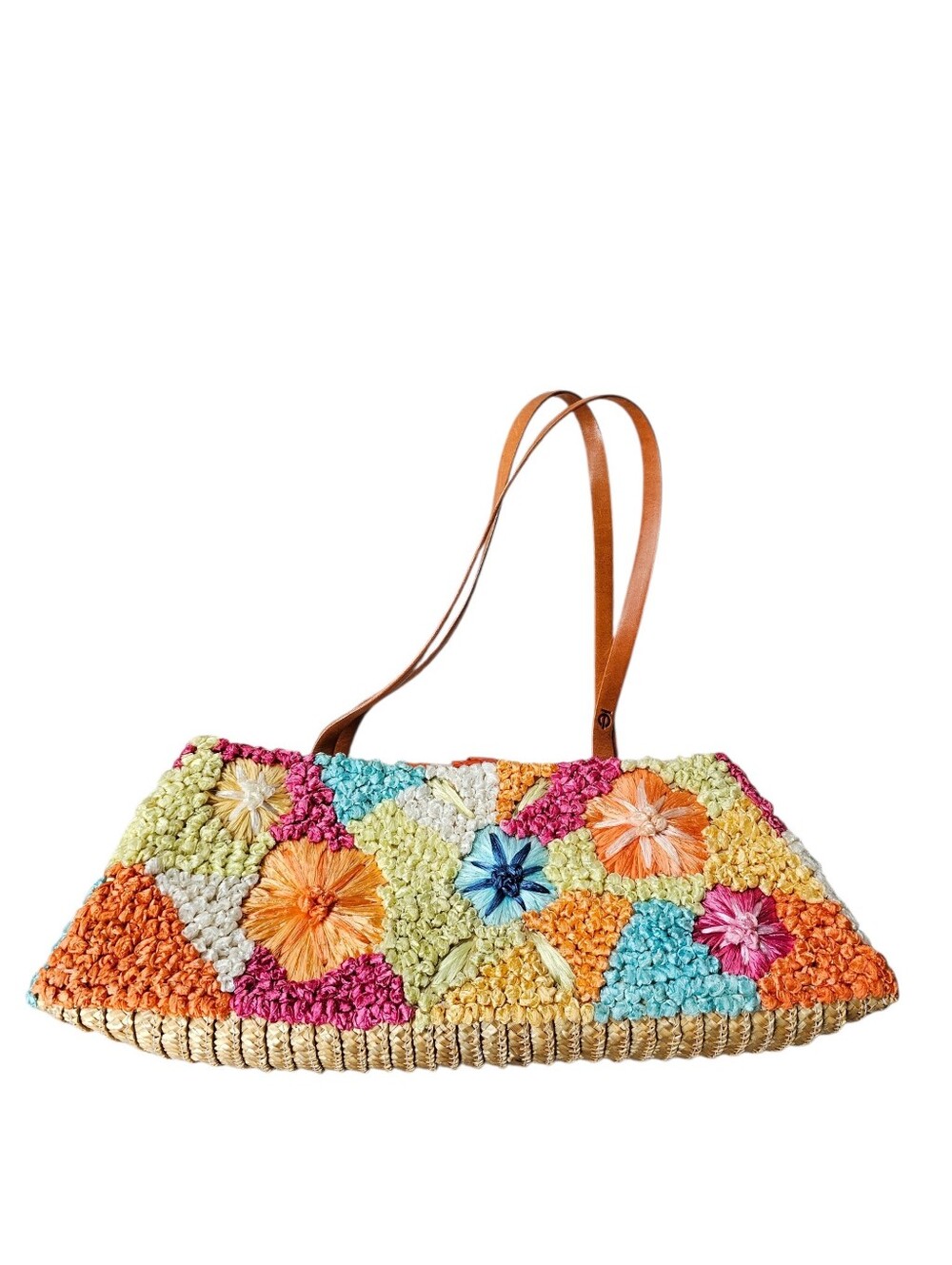 Tote Le Monde Y2k Multicolor Crochet Tote with Tan Leather Straps